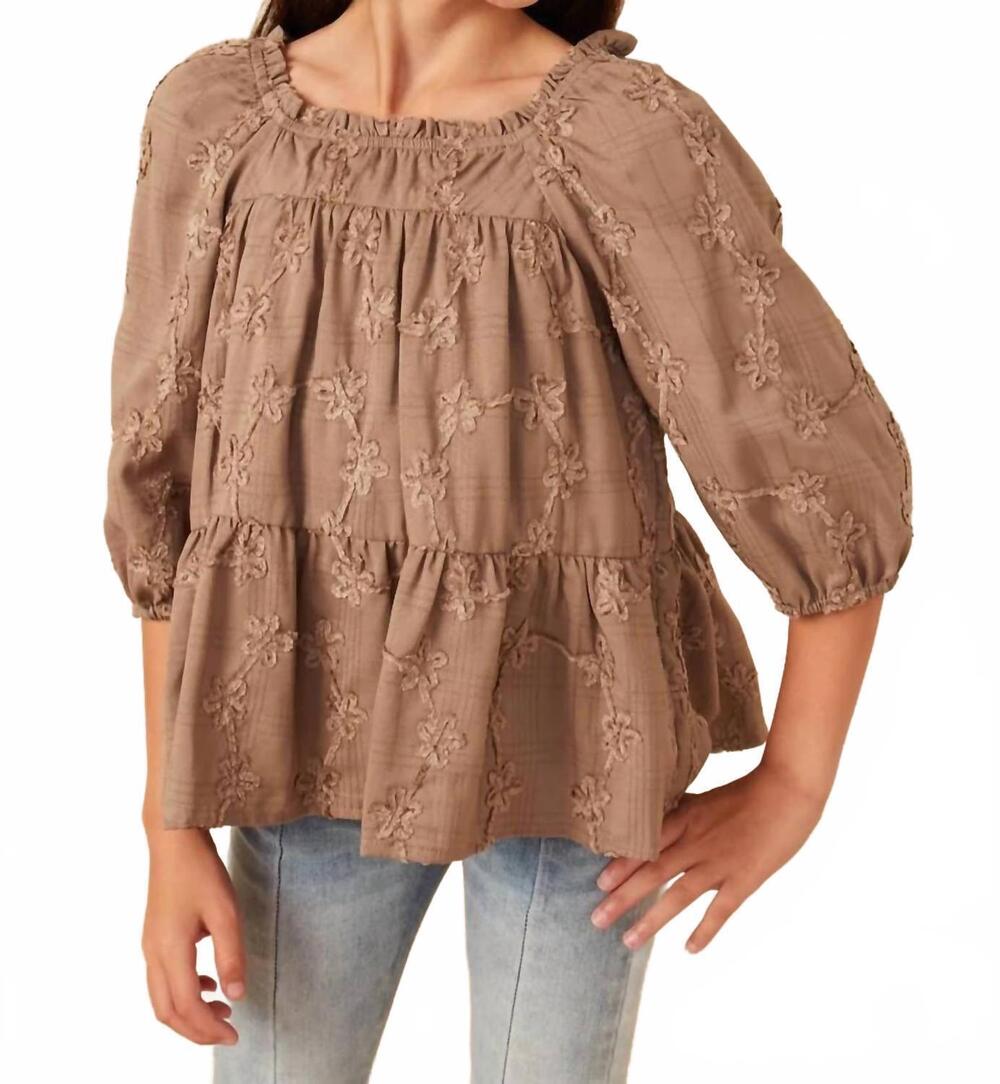 NEW HAYDEN GIRLS brushed floral puff sleeve square neck top in taupe